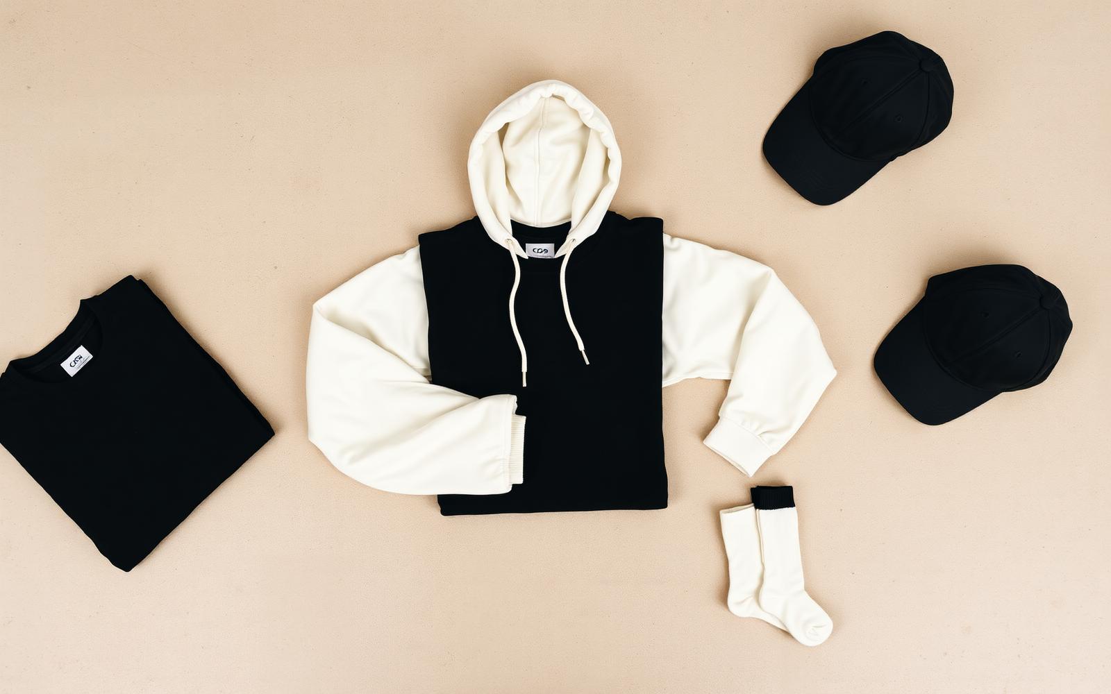 Cápsula NAMAIOR 001 — flat lay de t-shirts, hoodie, boné e meias
